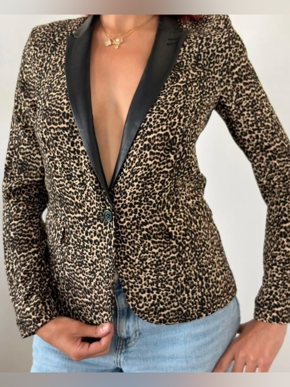 The Kooples Leopard Print Blazer S Leather Trim Collar French Designer